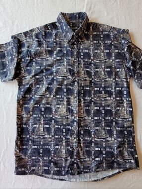 Crossing Men's Navy Nautical Print Short-Sleeve Shirt Size L